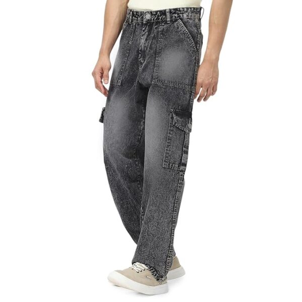 Men's Loose Mid Rise Baggy Fit Washed Cargo Jeans with 6 Pockets Non-Stretchable